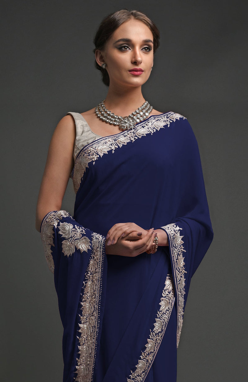 Navy Blue Kashmiri Tilla Embroidered Georgette Saree