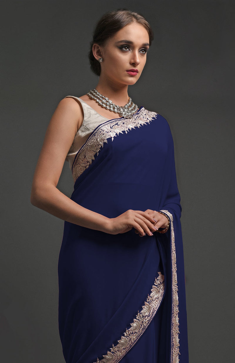 Navy Blue Kashmiri Tilla Embroidered Georgette Saree