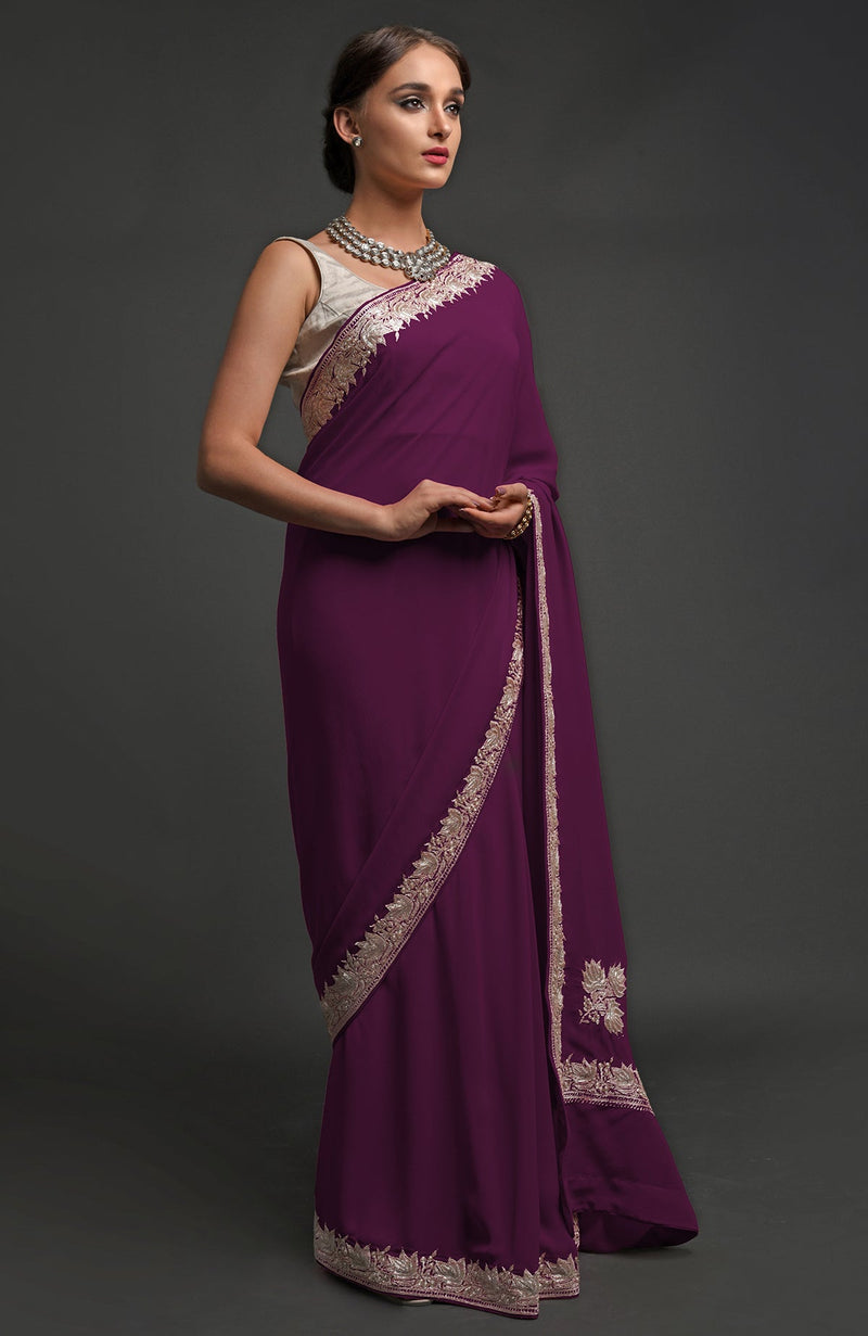Navy Blue Kashmiri Tilla Embroidered Georgette Saree
