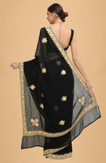 Black - Gold Kashmiri Tilla Embroidered Pure Georgette Saree