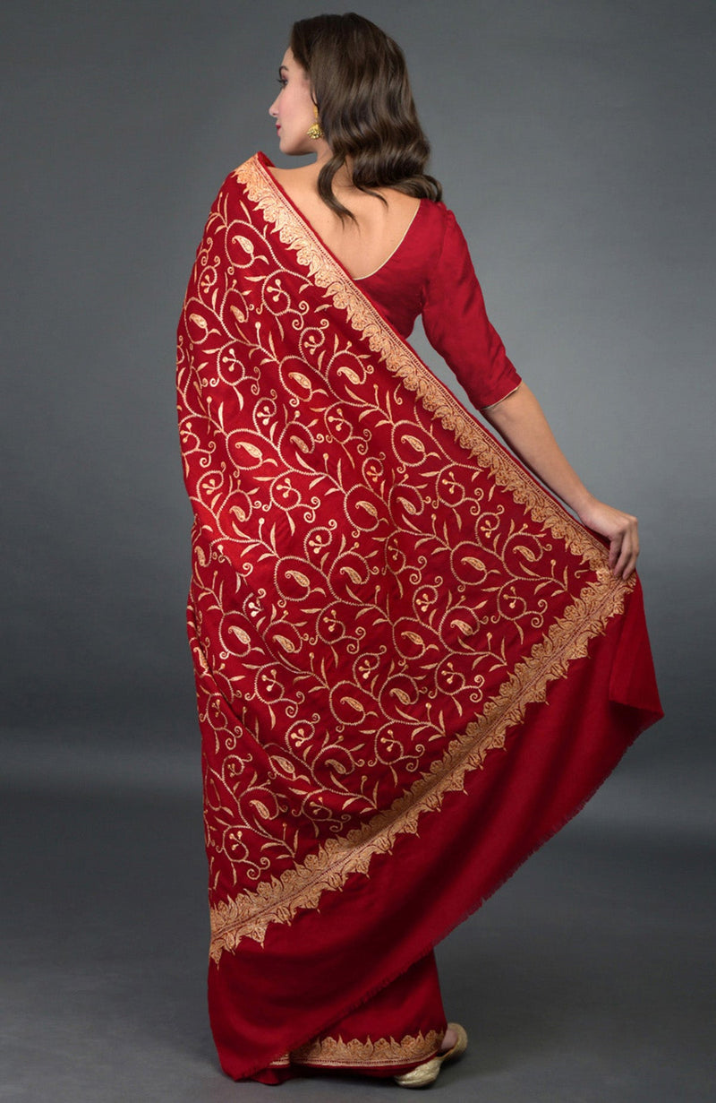 Red Kashmiri Tilla Embroidered Pure Crepe Saree