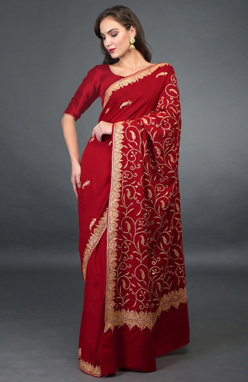 Red Kashmiri Tilla Embroidered Pure Crepe Saree