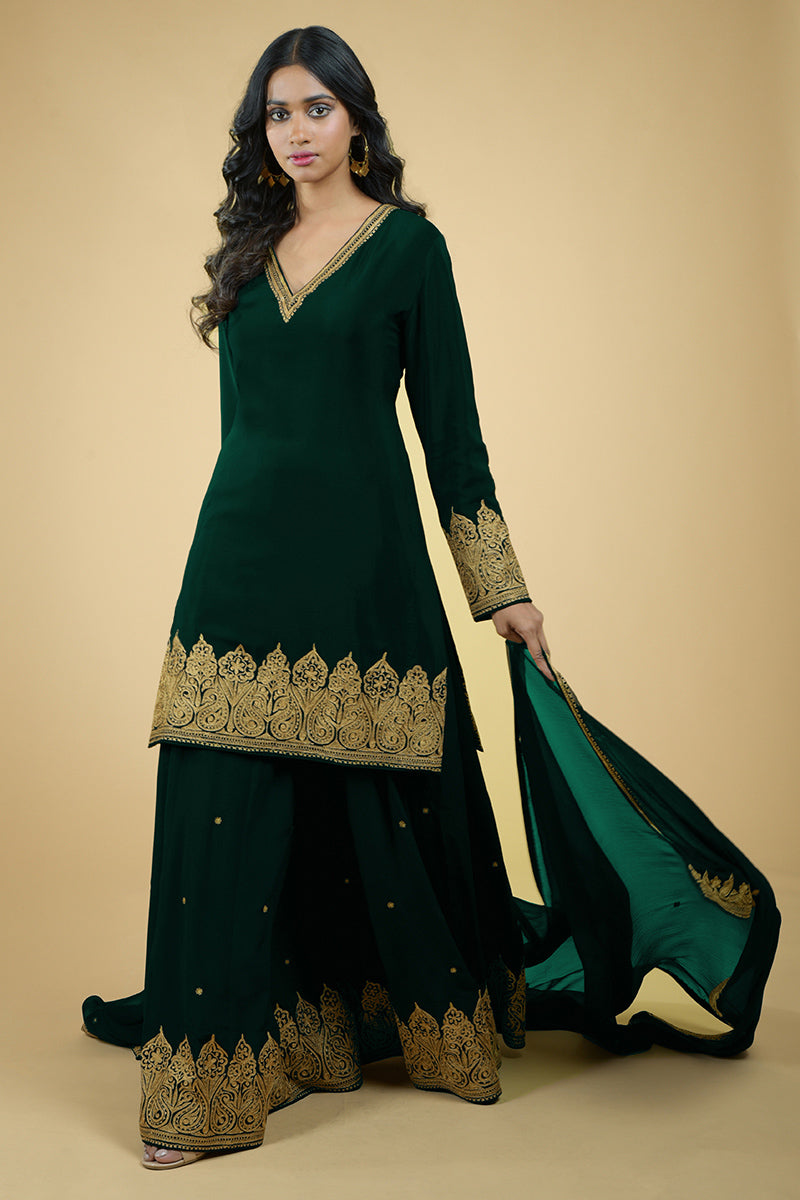 Emerald Green - Gold Tilla Aari Embroidered Sharara Set