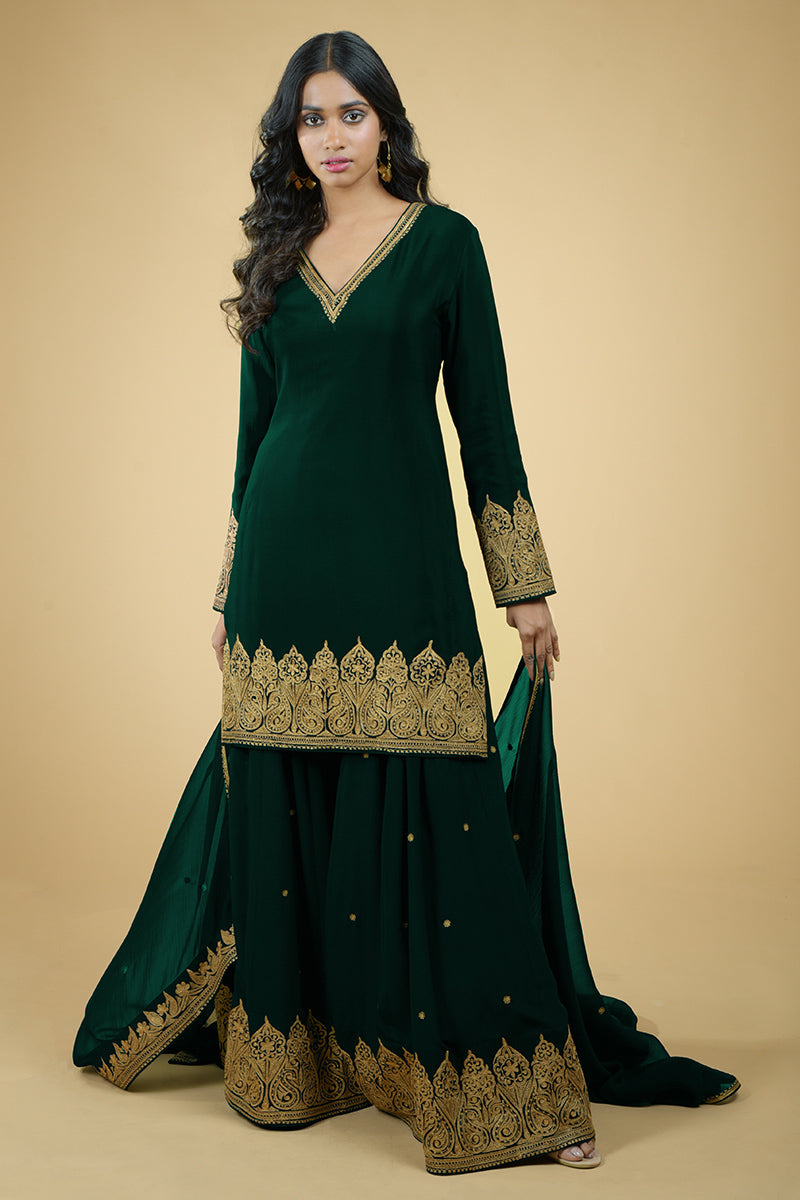 Emerald Green - Gold Tilla Aari Embroidered Sharara Set