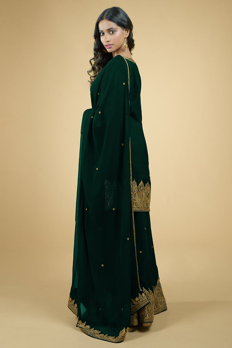 Emerald Green - Gold Tilla Aari Embroidered Sharara Set
