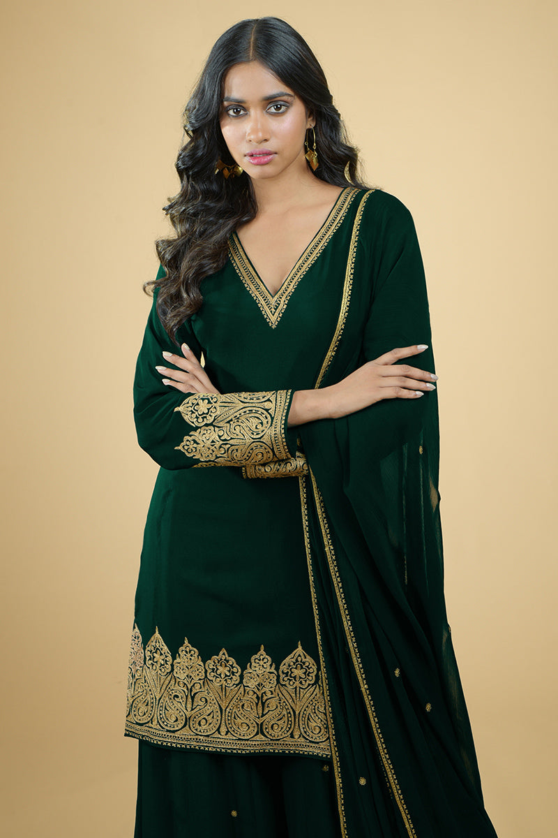 Emerald Green - Gold Tilla Aari Embroidered Sharara Set