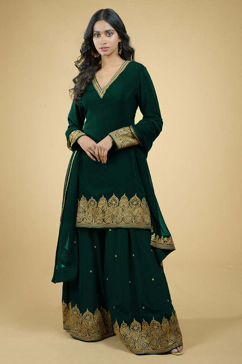 Emerald Green - Gold Tilla Aari Embroidered Sharara Set