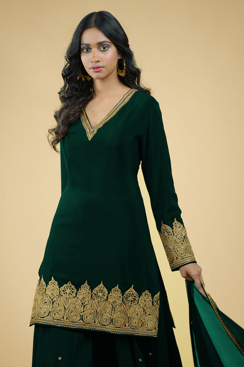 Emerald Green - Gold Tilla Aari Embroidered Sharara Set