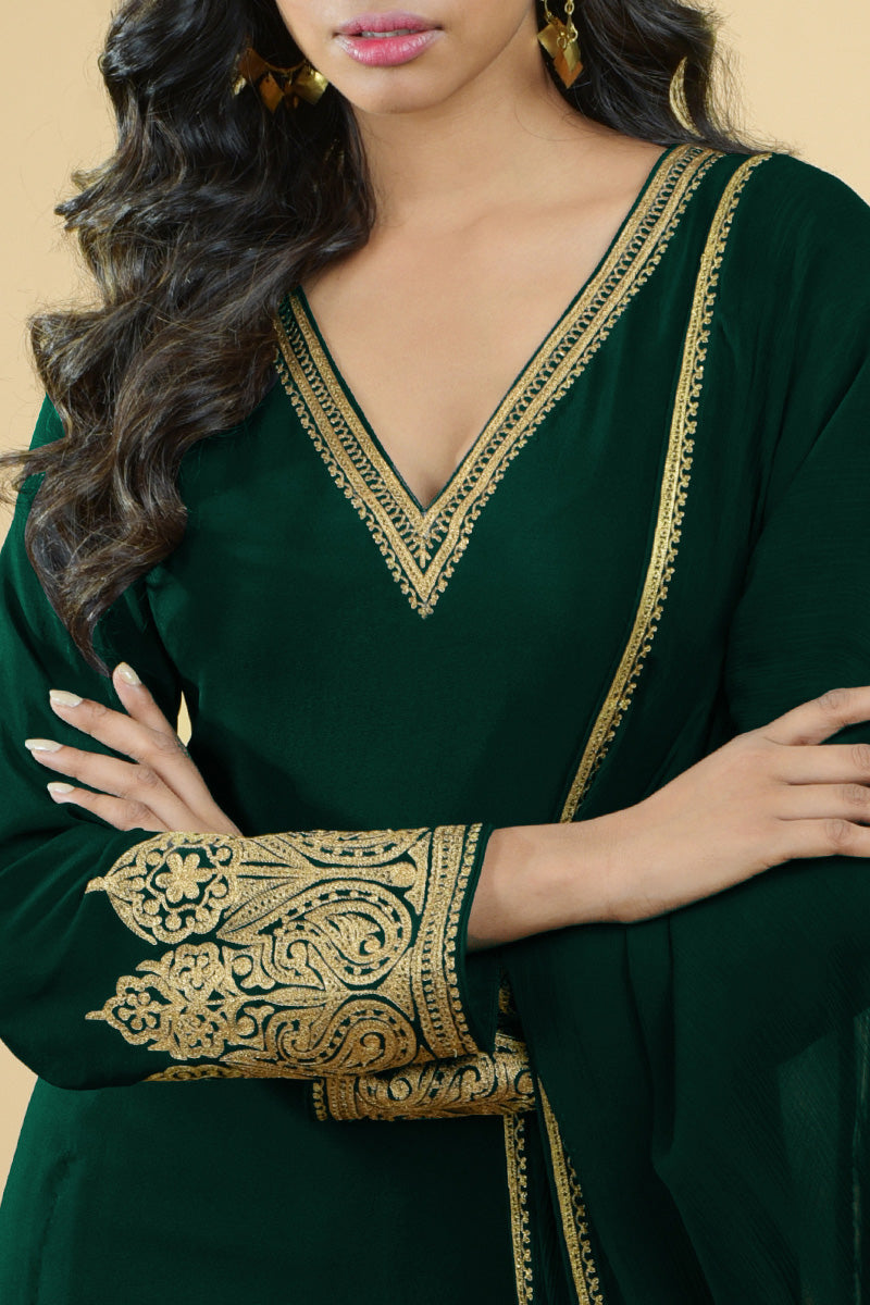 Emerald Green - Gold Tilla Aari Embroidered Sharara Set