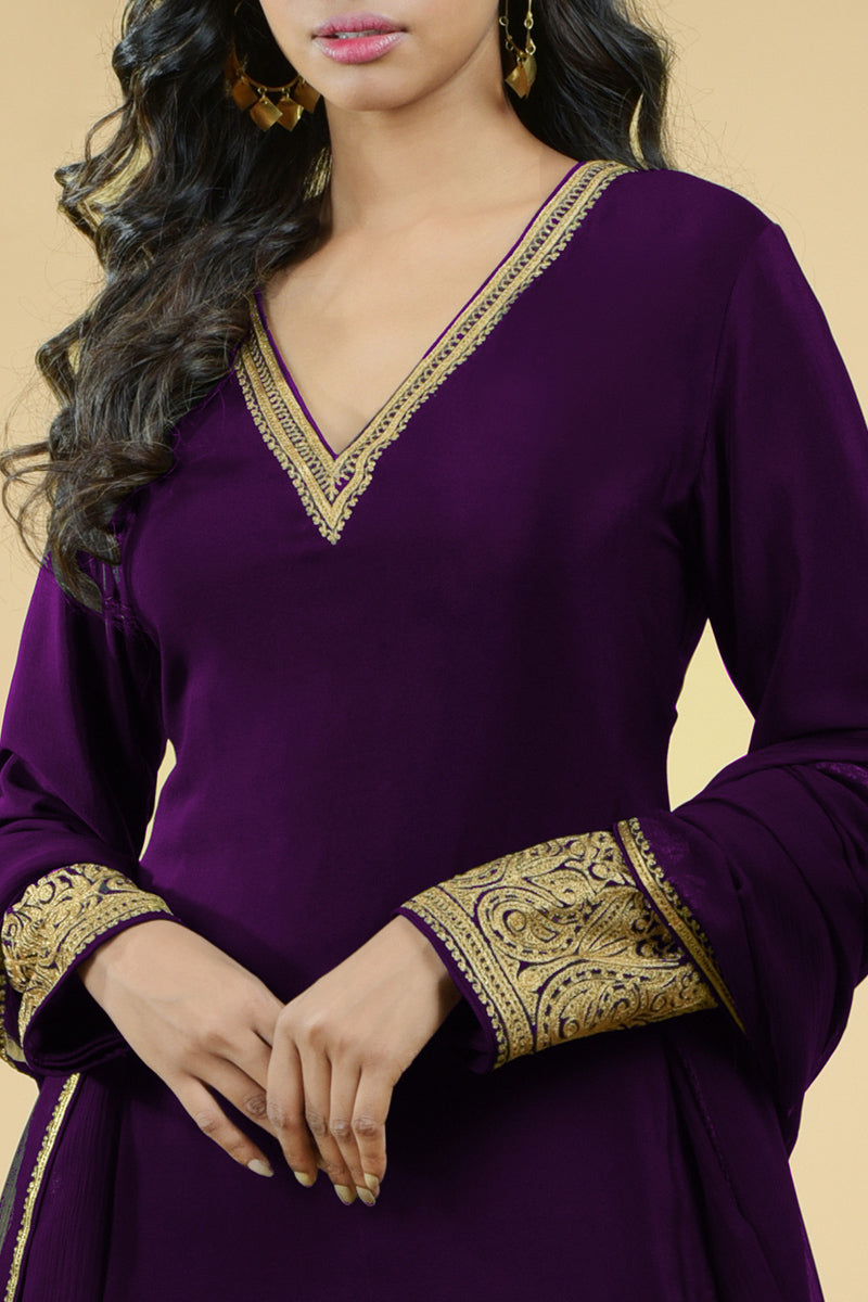 Plum - Gold Tilla Aari Embroidered Sharara Set