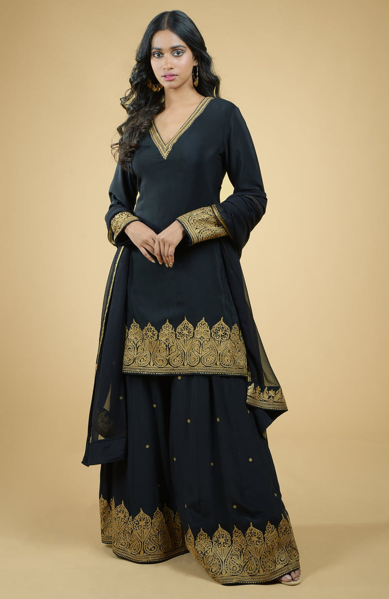 Emerald Green - Gold Tilla Aari Embroidered Sharara Set