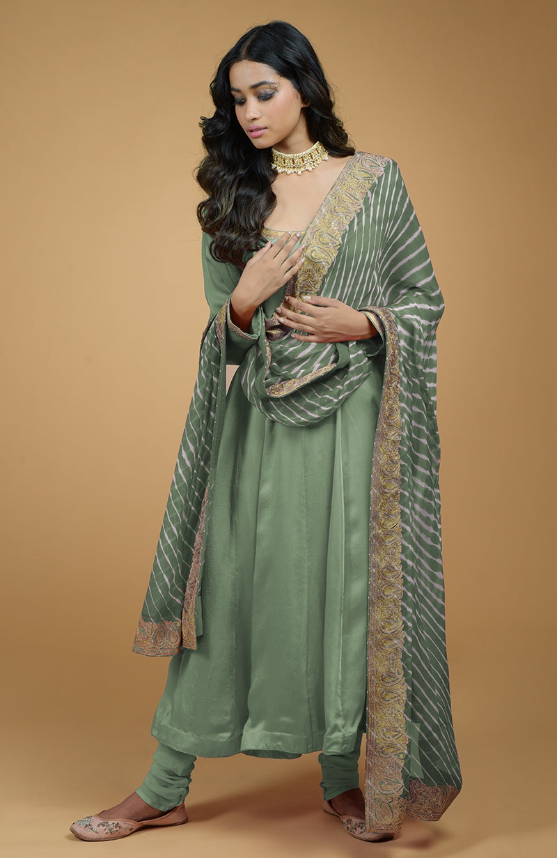 Greyish Blue Leheriya-Tilla Embroidered Dupatta With Anarkali Set
