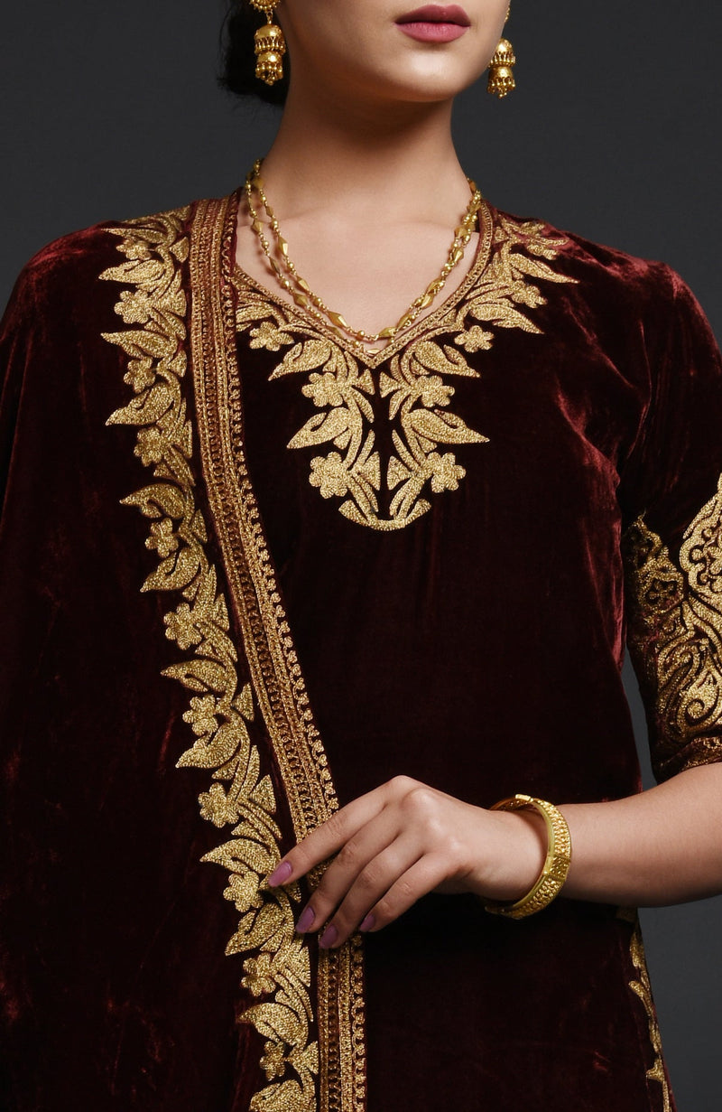 Burgundy Kashmiri Tilla Aari Embroidered Lehenga Set