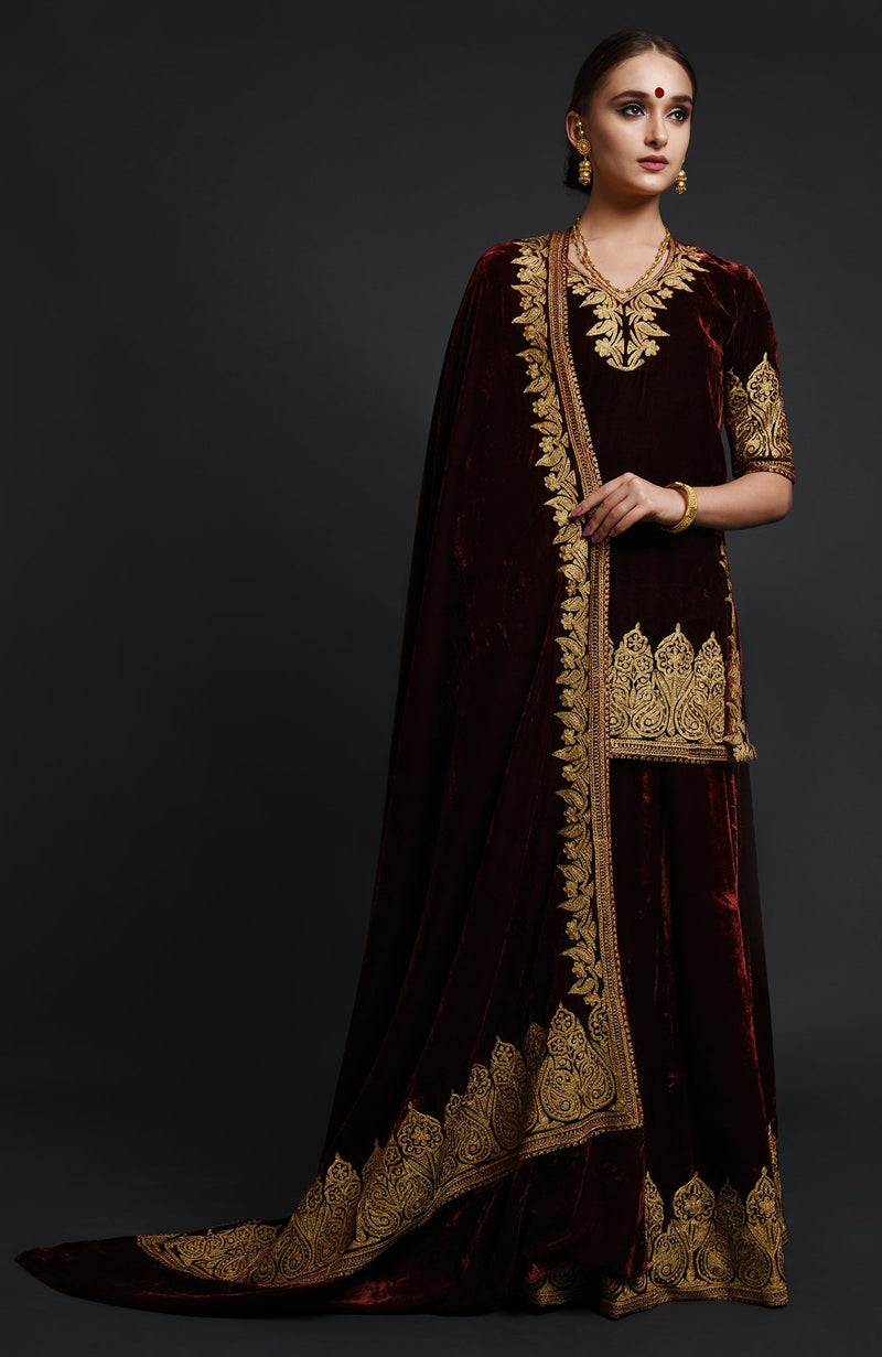 Burgundy Kashmiri Tilla Aari Embroidered Lehenga Set