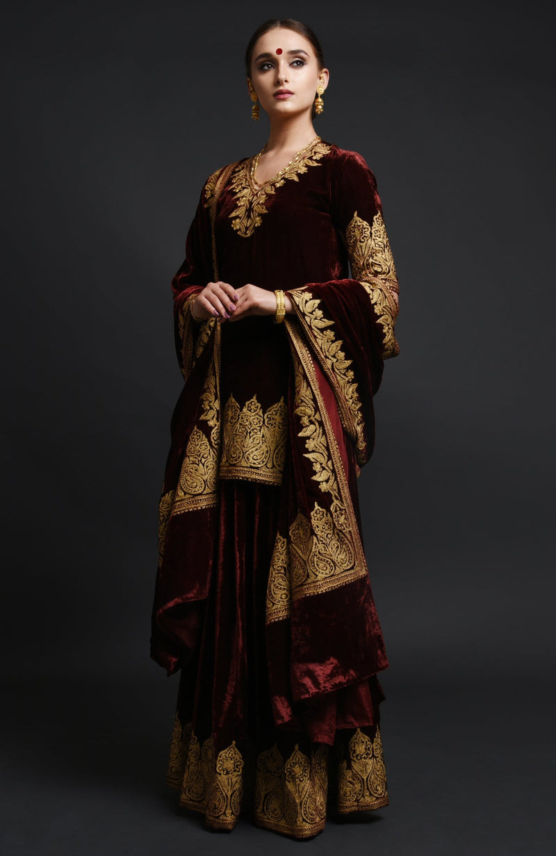 Burgundy Kashmiri Tilla Aari Embroidered Lehenga Set