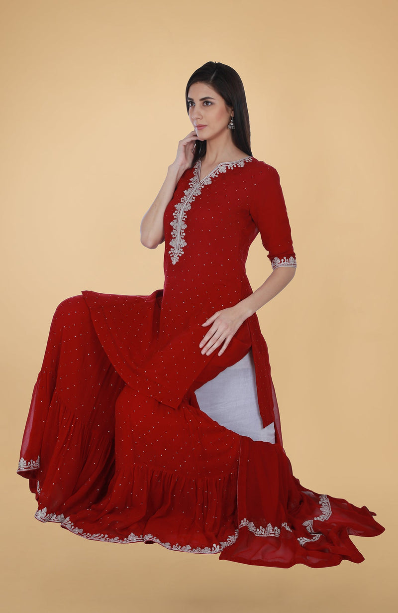 Scarlet Red Tilla And Mukaish Embroidered Gharara Suit