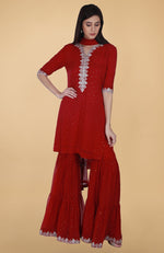 Scarlet Red Tilla And Mukaish Embroidered Gharara Suit