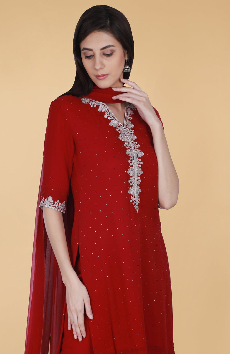 Scarlet Red Tilla And Mukaish Embroidered Gharara Suit