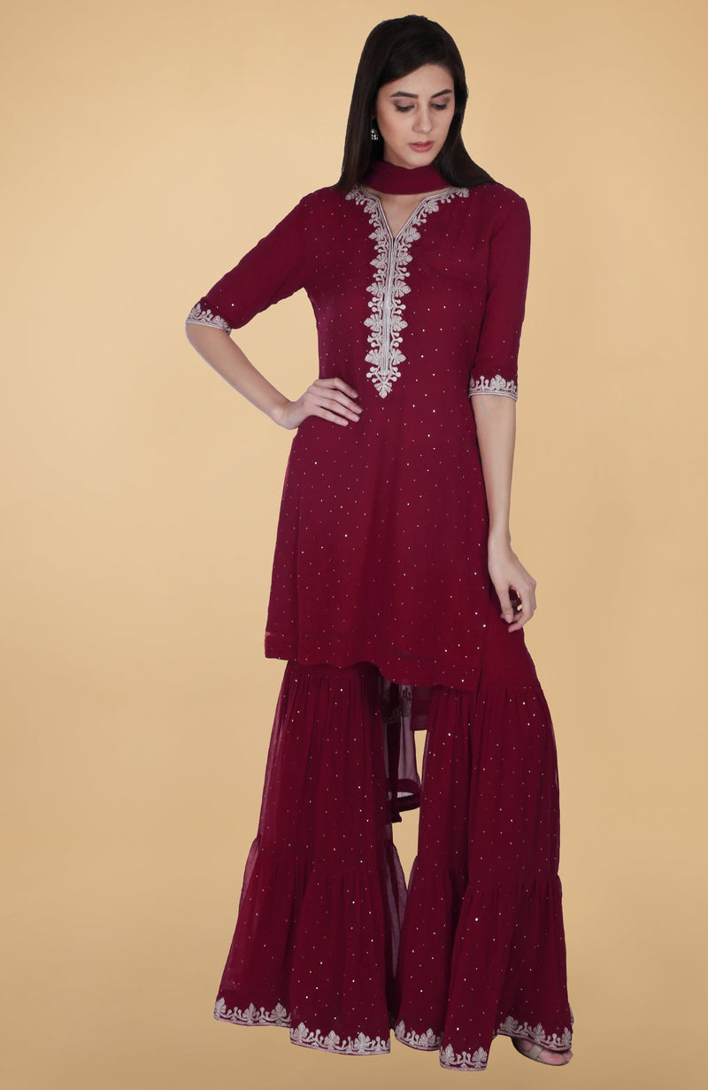 Scarlet Red Tilla And Mukaish Embroidered Gharara Suit