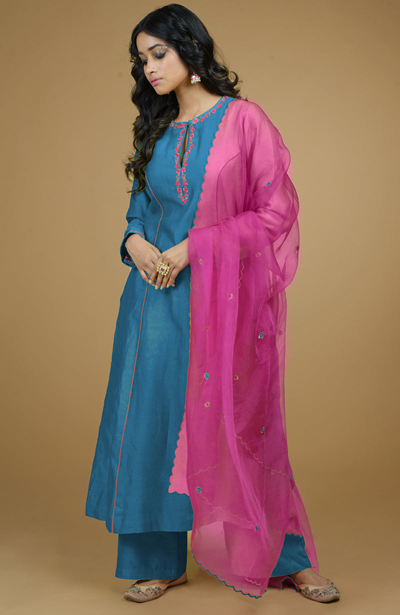 Blue & Magenta Organza Kurta Set