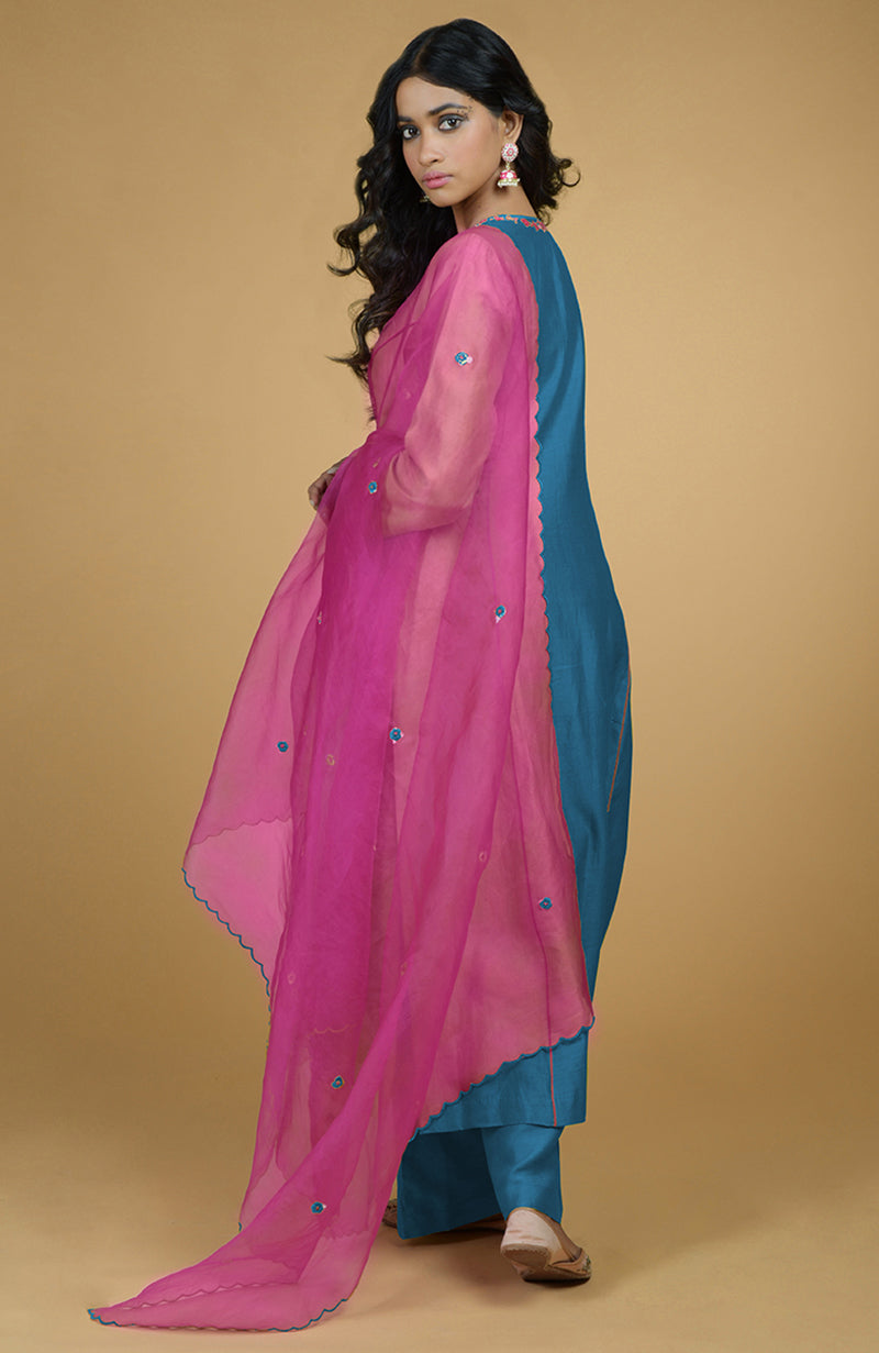Blue & Magenta Organza Kurta Set