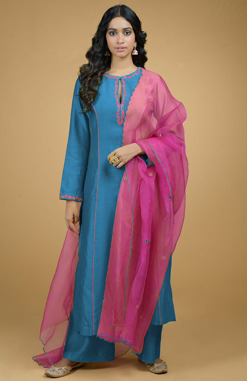 Blue & Magenta Organza Kurta Set