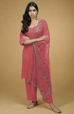 Peacock Pink Mukaish- Silver Zardozi Hand Embroidered Kurta Set