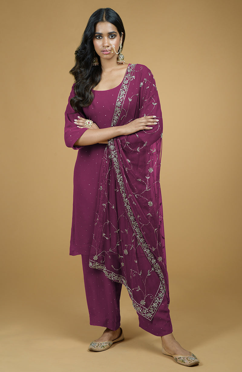 Peacock Pink Mukaish- Silver Zardozi Hand Embroidered Kurta Set