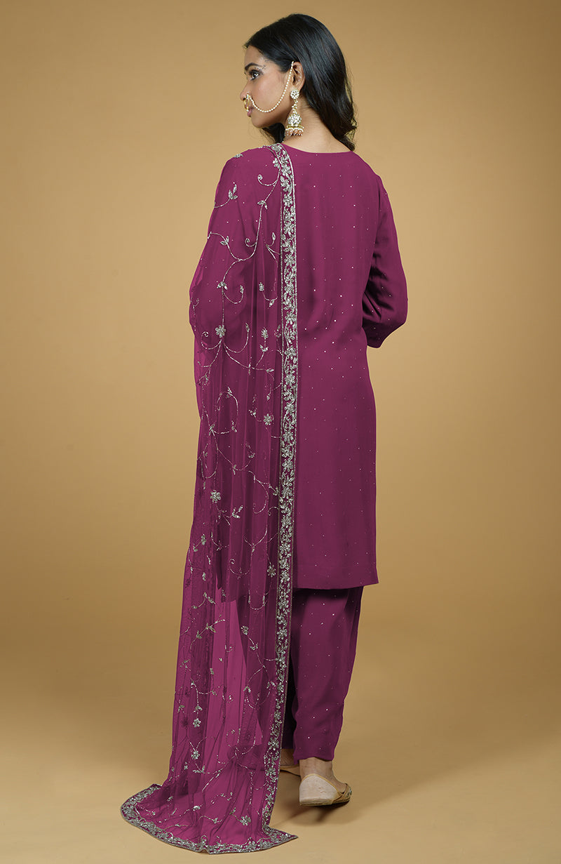 Peacock Pink Mukaish- Silver Zardozi Hand Embroidered Kurta Set
