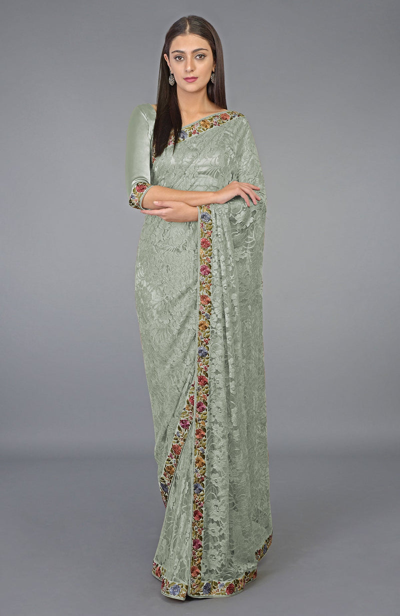Pearl Blush Parsi Gara Embroidered French Chantilly Lace Saree