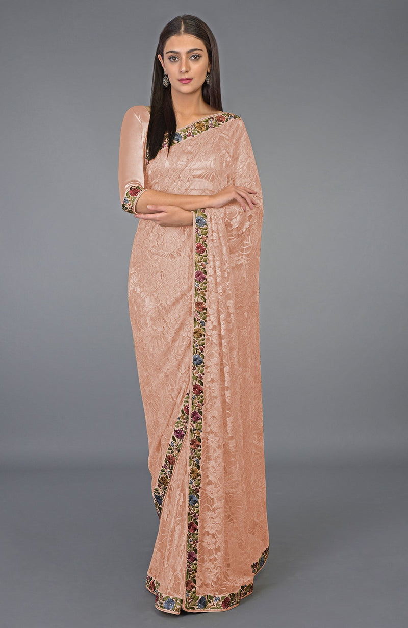 Beige Gold Parsi Gara Embroidered French Chantilly Lace Saree