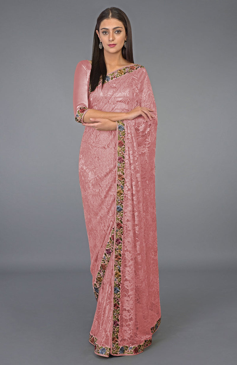 Pearl Blush Parsi Gara Embroidered French Chantilly Lace Saree