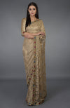 Beige Gold Parsi Gara Embroidered French Chantilly Lace Saree