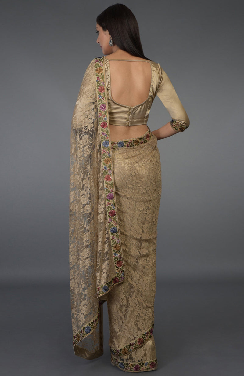 Beige Gold Parsi Gara Embroidered French Chantilly Lace Saree