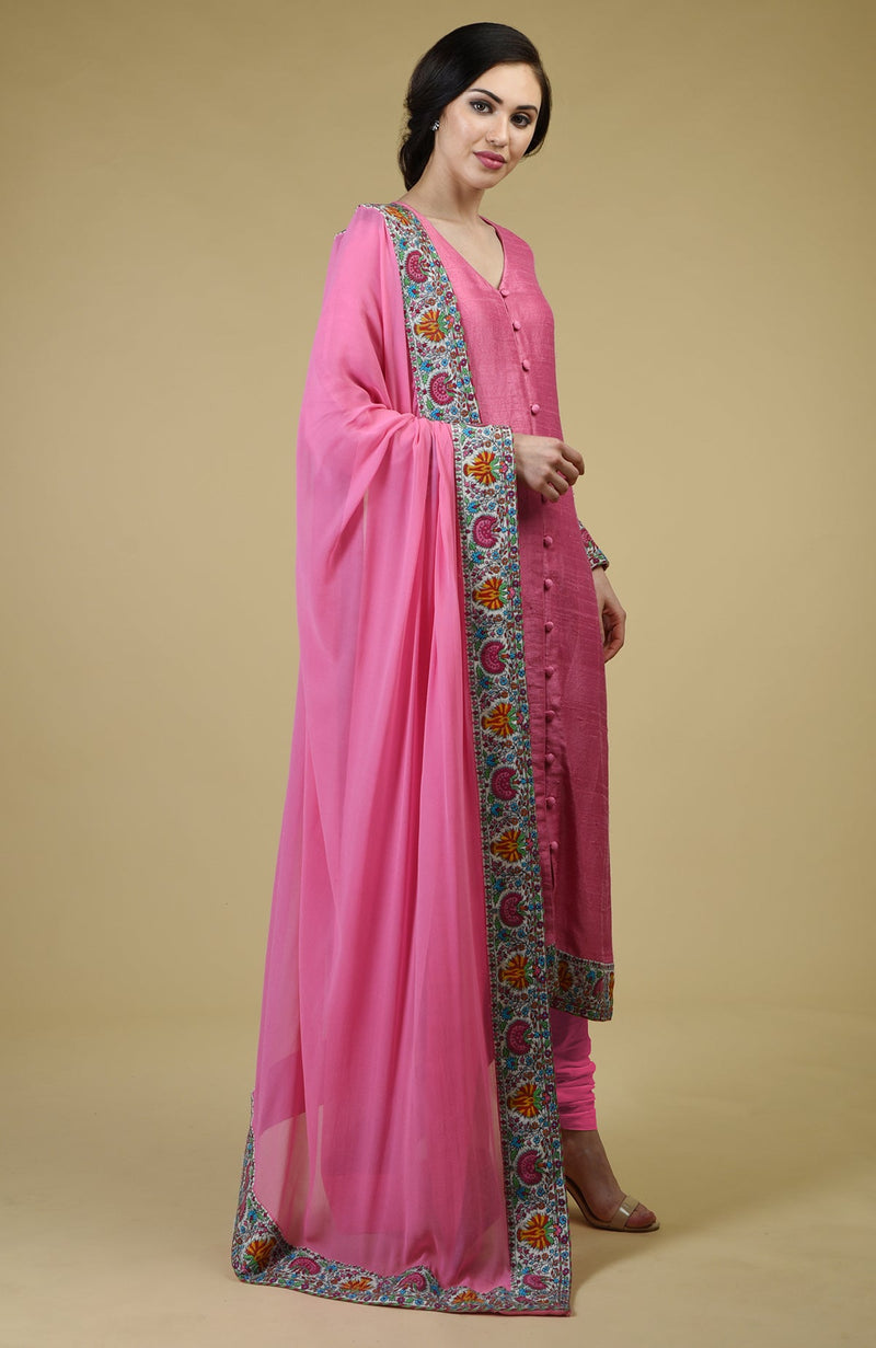 Carnation Pink Kashmiri Kashidakari Hand Embroidered Suit