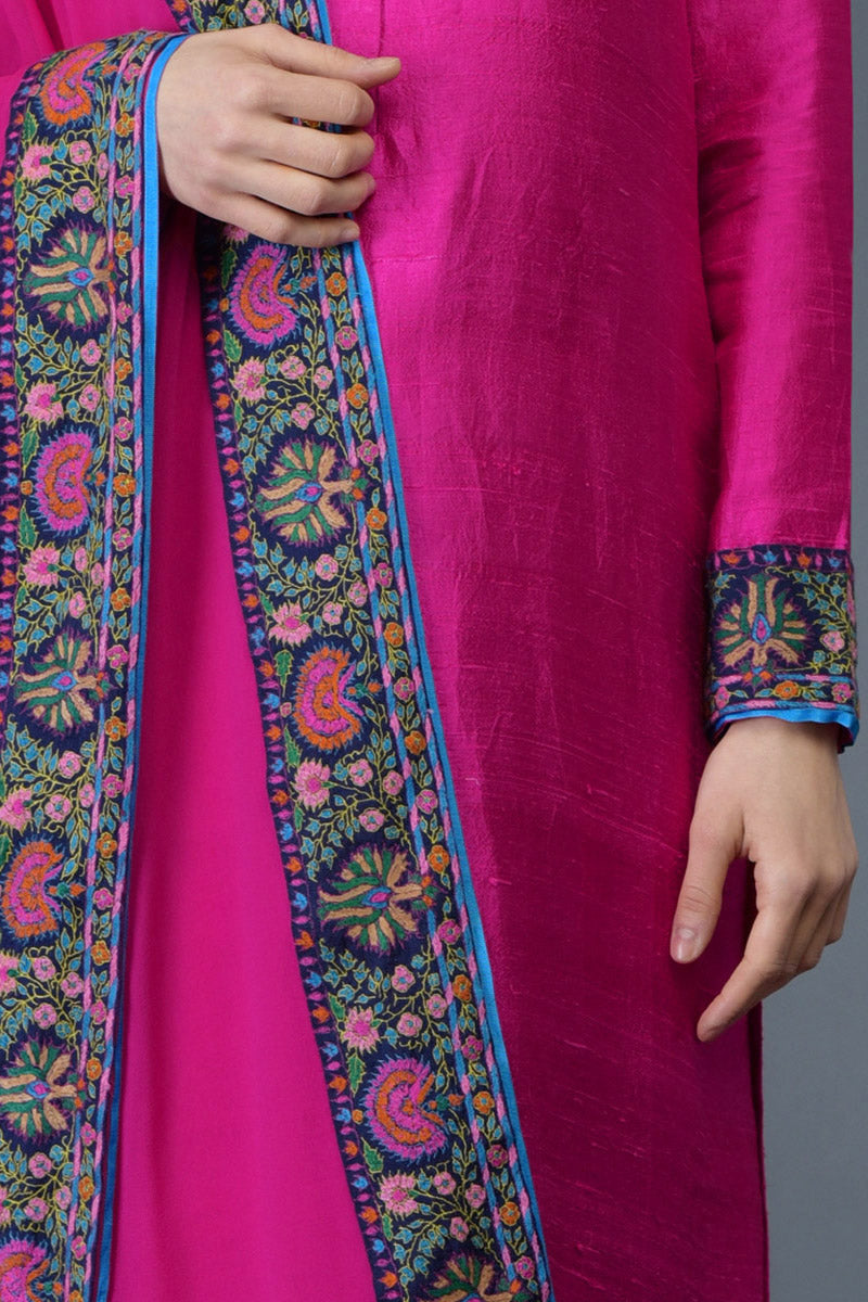 Hot Pink Kashmiri Kashidakari Hand Embroidered Pure Raw Silk Suit