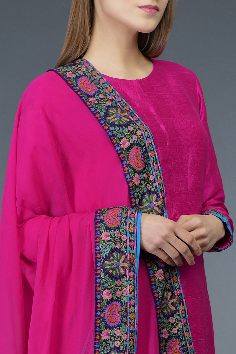 Hot Pink Kashmiri Kashidakari Hand Embroidered Pure Raw Silk Suit