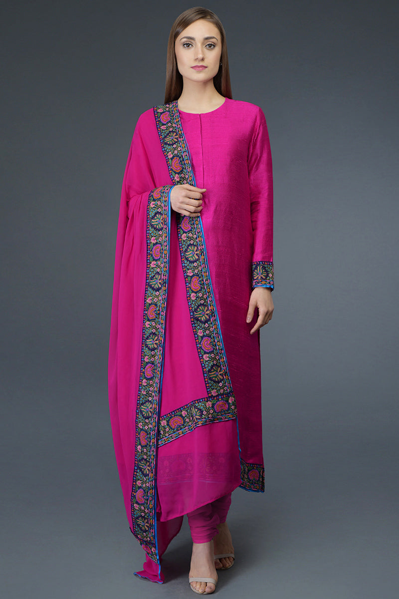 Hot Pink Kashmiri Kashidakari Hand Embroidered Pure Raw Silk Suit