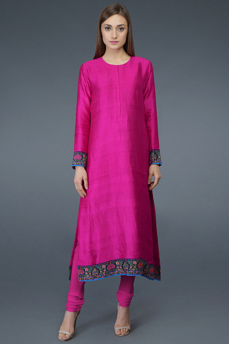 Hot Pink Kashmiri Kashidakari Hand Embroidered Pure Raw Silk Suit