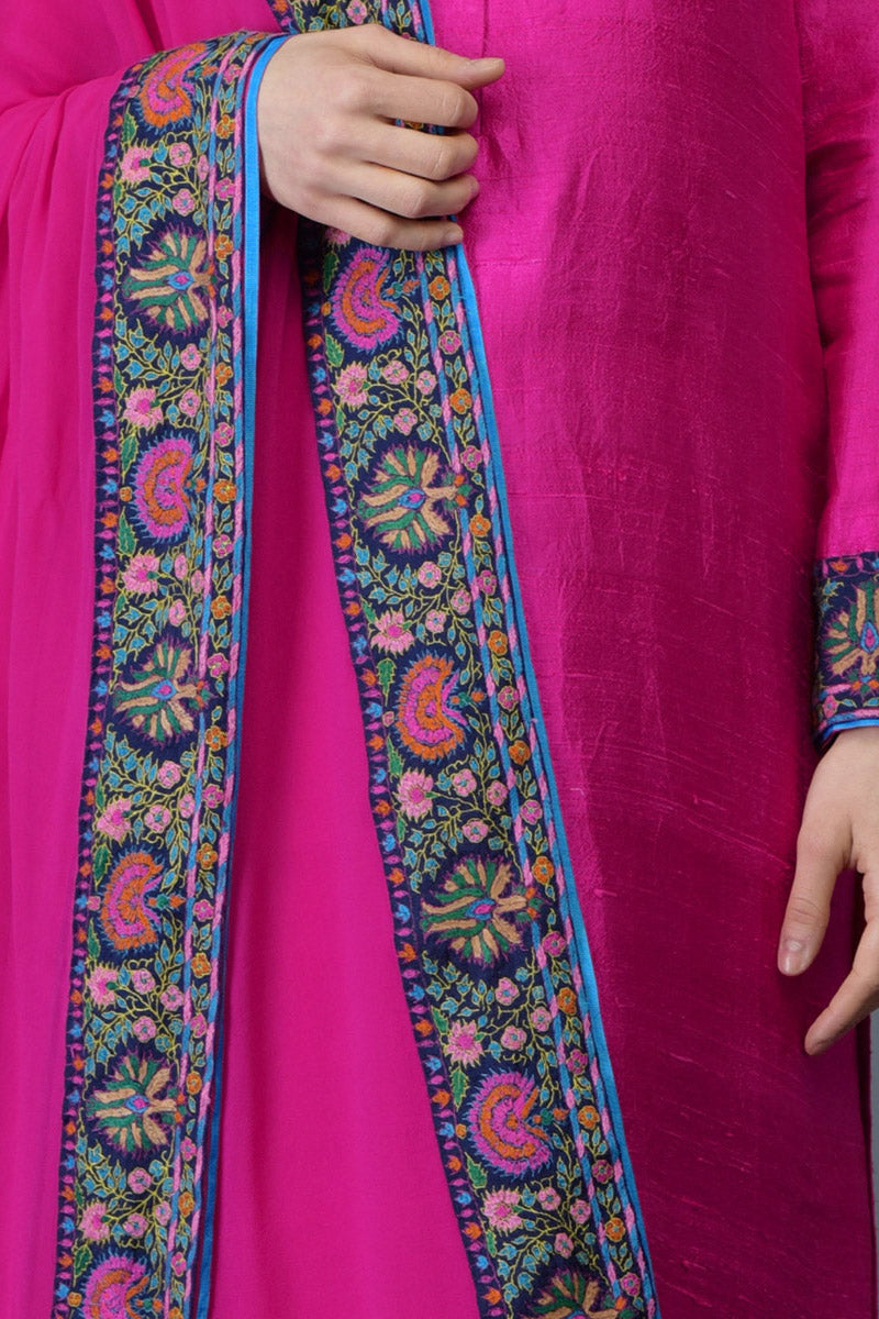 Hot Pink Kashmiri Kashidakari Hand Embroidered Pure Raw Silk Suit