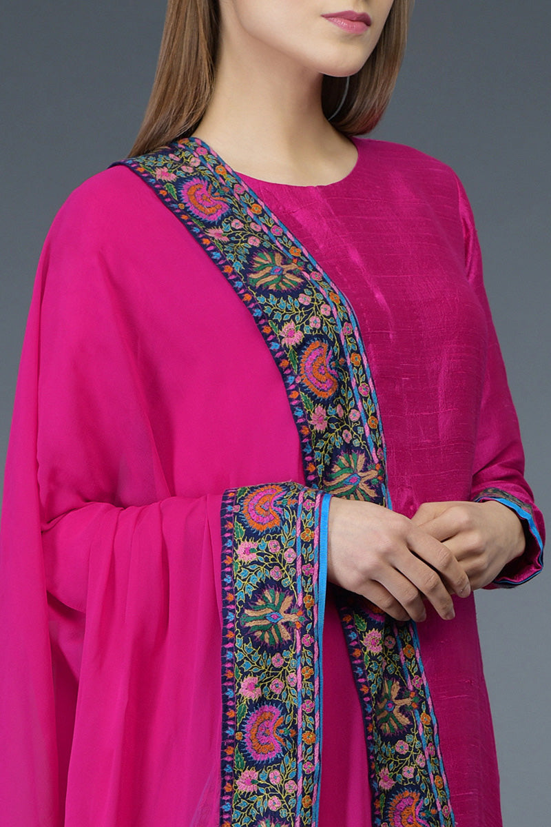 Hot Pink Kashmiri Kashidakari Hand Embroidered Pure Raw Silk Suit