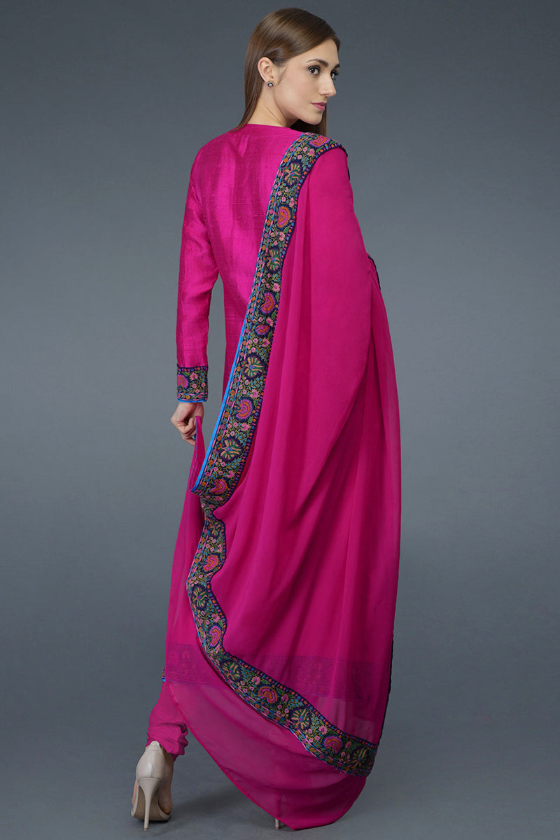 Hot Pink Kashmiri Kashidakari Hand Embroidered Pure Raw Silk Suit