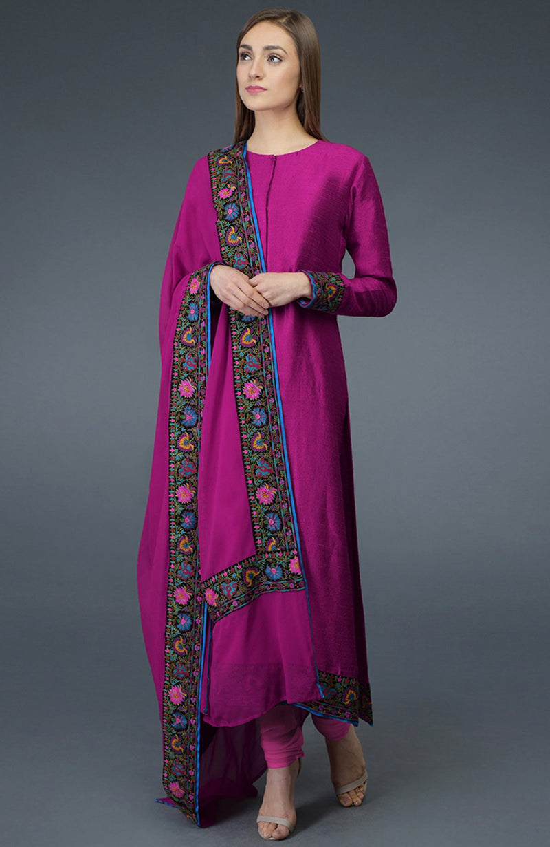 Orchid Kashmiri Kashidakari Hand Embroidered Pure Raw Silk Suit