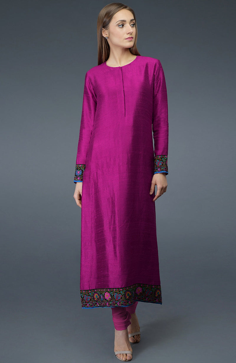 Orchid Kashmiri Kashidakari Hand Embroidered Pure Raw Silk Suit