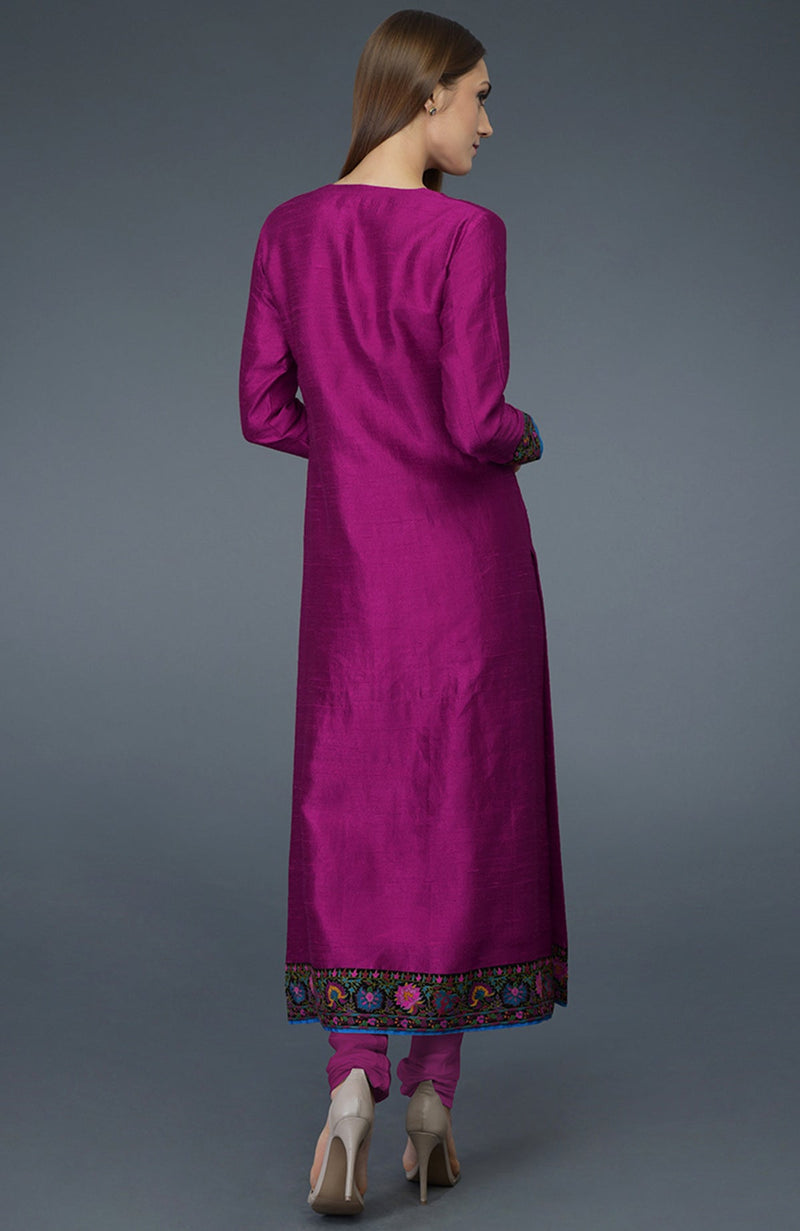 Orchid Kashmiri Kashidakari Hand Embroidered Pure Raw Silk Suit