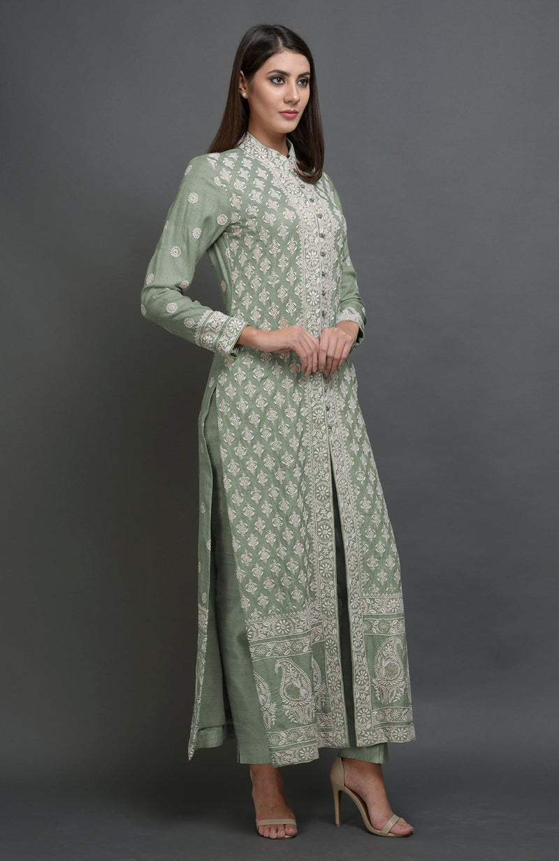 Desert Sage Chikankari Embroidered Jacket Suit