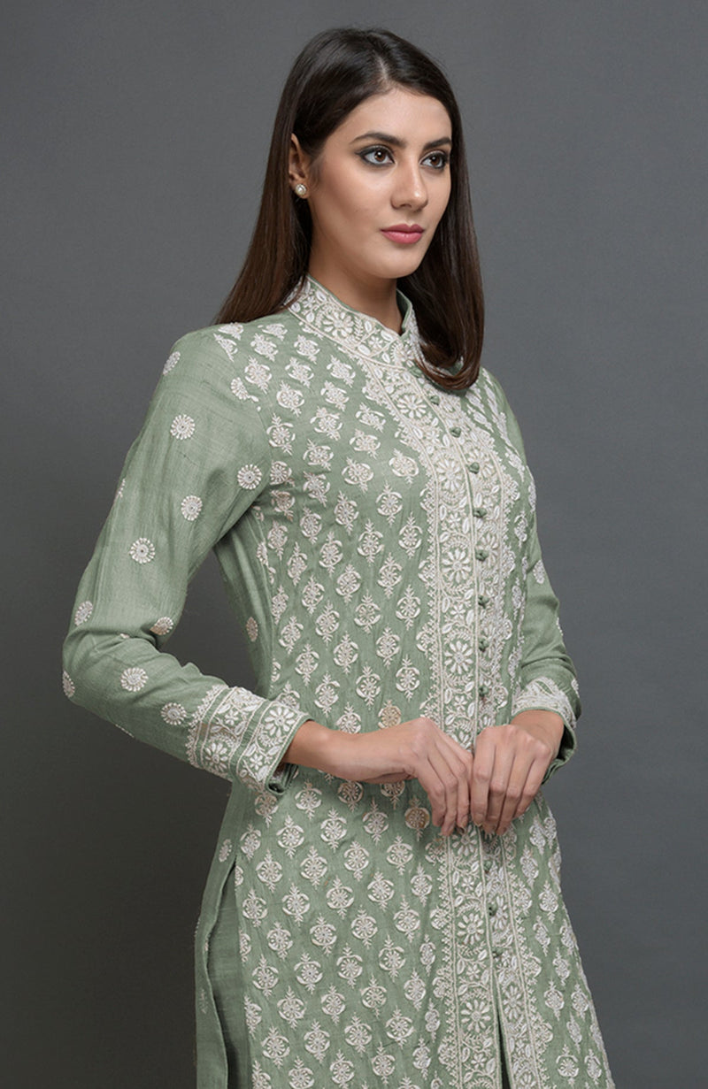 Desert Sage Chikankari Embroidered Jacket Suit