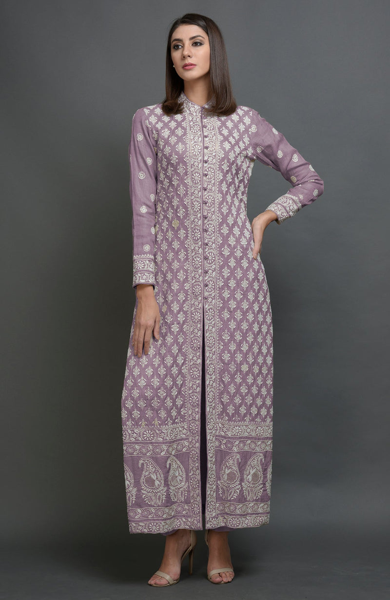 Desert Sage Chikankari Embroidered Jacket Suit