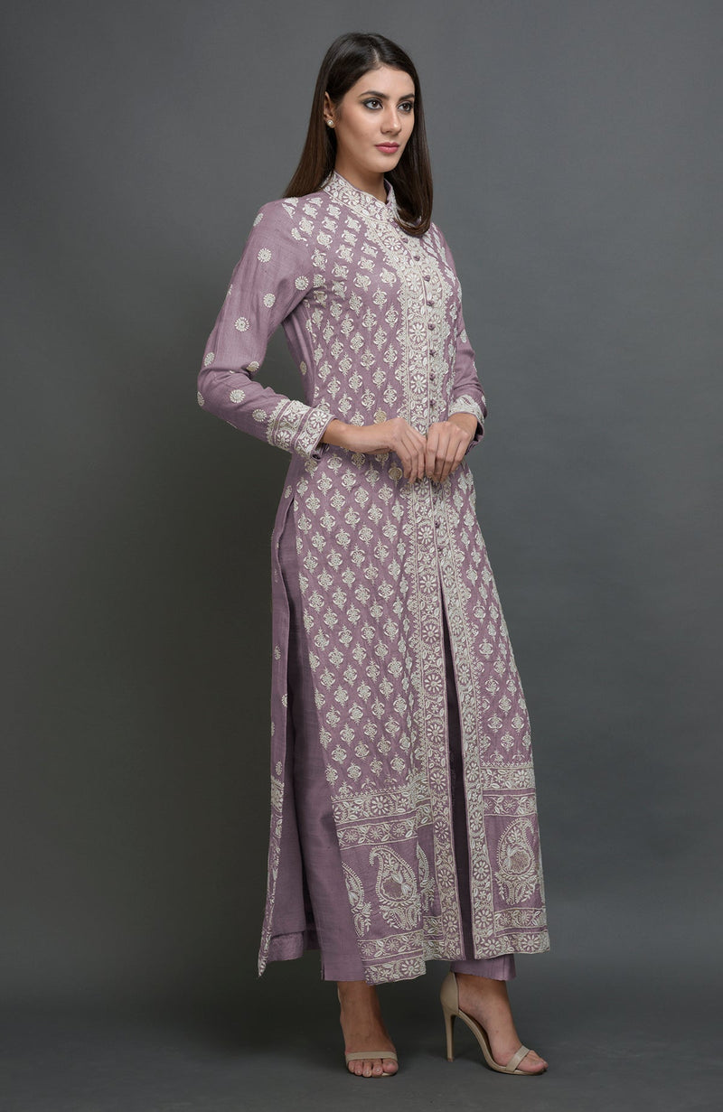 Elderberry Chikankari Embroidered Jacket Suit