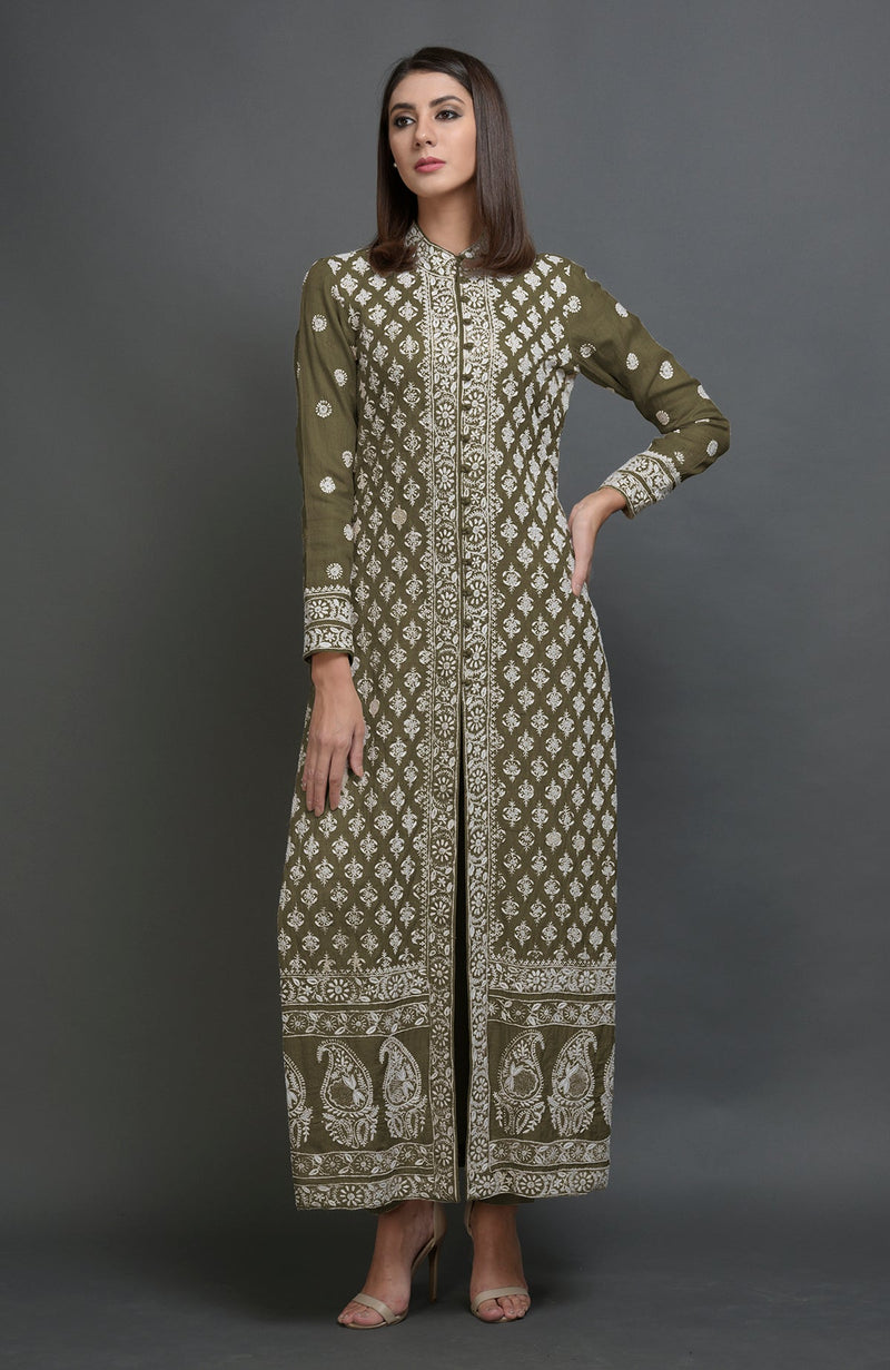 Desert Sage Chikankari Embroidered Jacket Suit